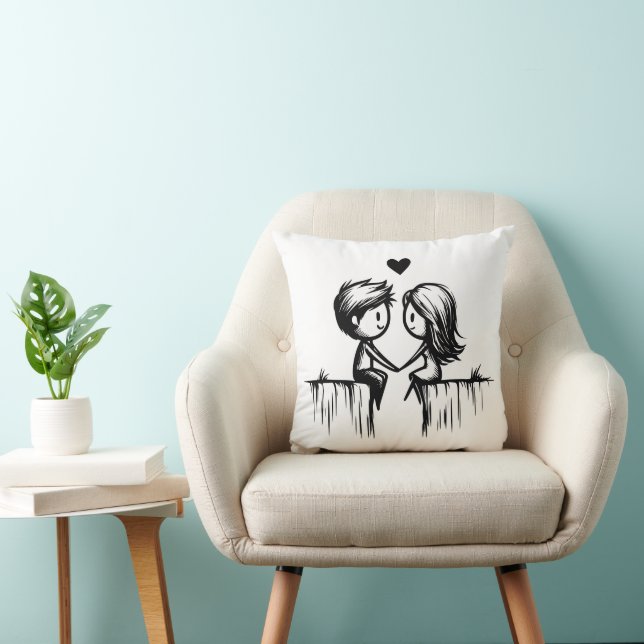  Cartoon Couple & Hearts Throw Pillow (Chair)