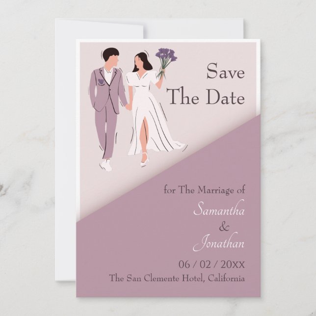 Cartoon Couple in Purple Wedding Save The Date Invitation (Front)