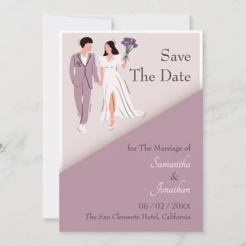 Cartoon Couple in Purple Wedding Save The Date Invitation