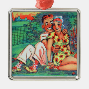 Cartoon Couple with Tennis Gear Metal Ornament