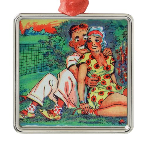 Cartoon Couple with Tennis Gear Metal Ornament
