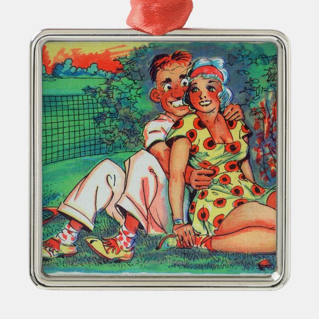 Cartoon Couple with Tennis Gear Metal Ornament (Front)