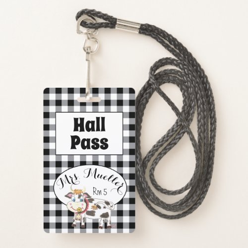 Cartoon Cow Black and White Hall Pass Badge