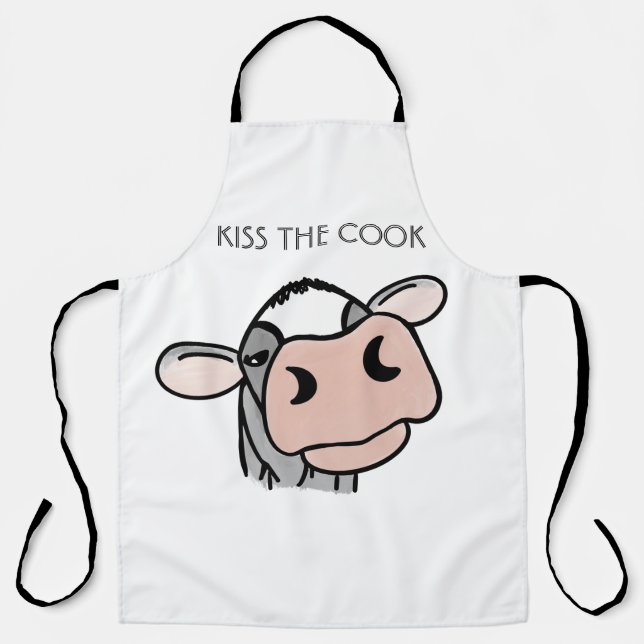 cartoon cow black white pink kiss gray farm animal apron (Front)