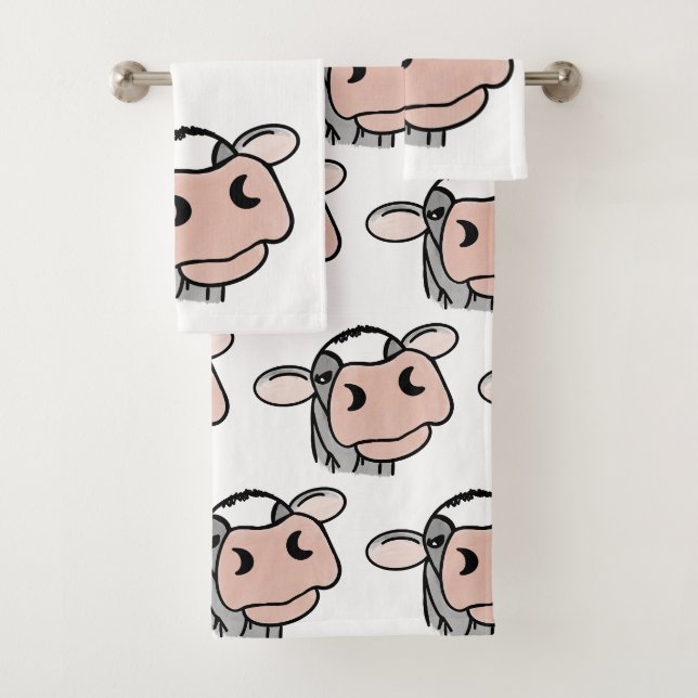 cartoon cow black white pink kiss gray farm animal bath towel set (Insitu)