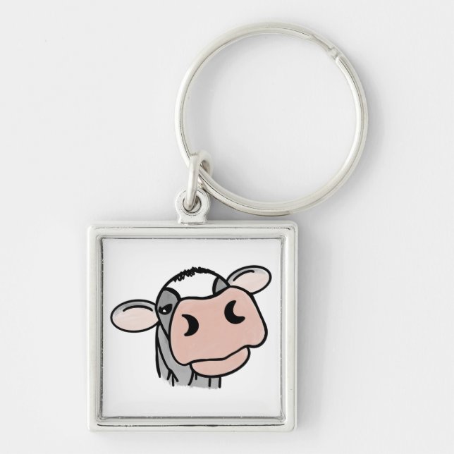 cartoon cow black white pink kiss gray farm animal keychain (Front)