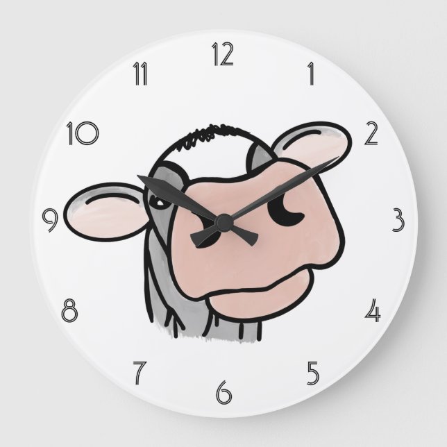 cartoon cow black white pink kiss gray farm animal large clock (Front)