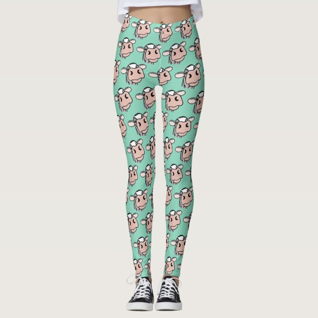 cartoon cow black white pink kiss gray farm animal leggings (Front)