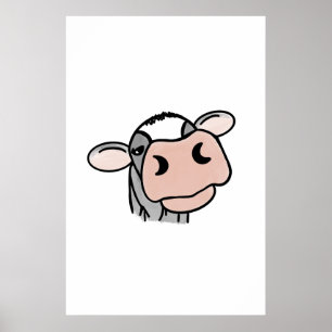 cartoon cow black white pink kiss gray farm animal poster