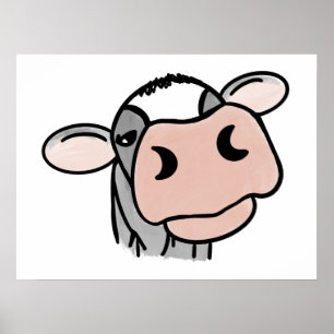 cartoon cow black white pink kiss gray farm animal poster