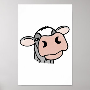 cartoon cow black white pink kiss gray farm animal poster