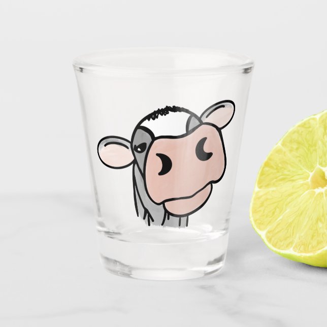 cartoon cow black white pink kiss gray farm animal shot glass (Front)