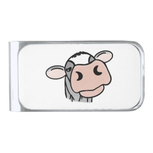cartoon cow black white pink kiss gray farm animal silver finish money clip