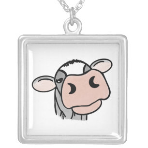 cartoon cow black white pink kiss gray farm animal silver plated necklace