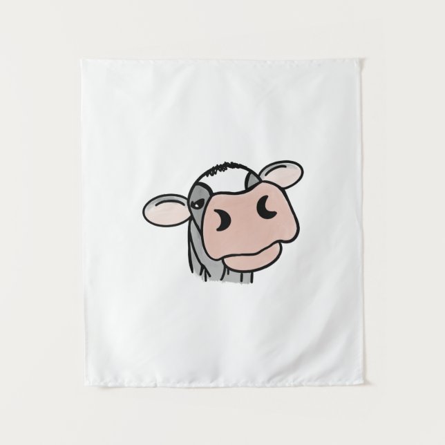 cartoon cow black white pink kiss gray farm animal tapestry (Front)