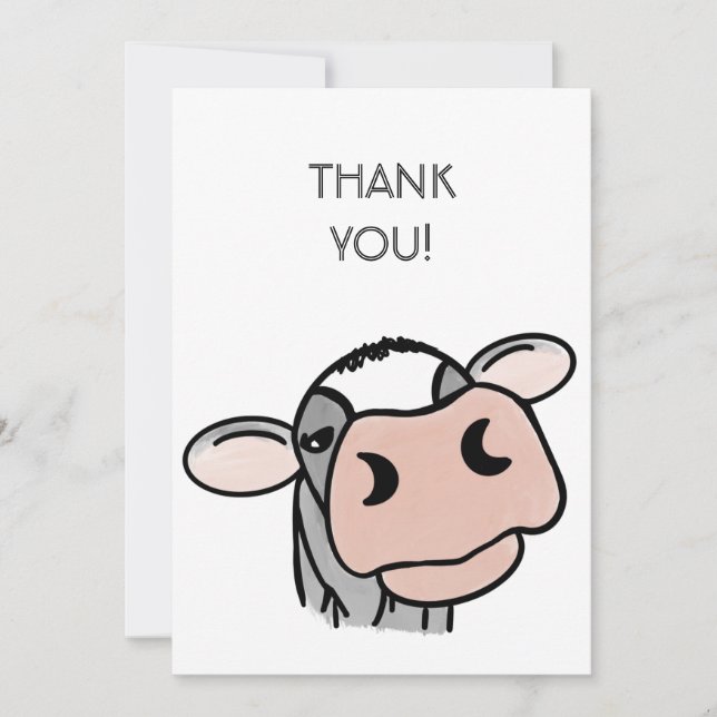 cartoon cow black white pink kiss gray farm animal thank you card (Front)