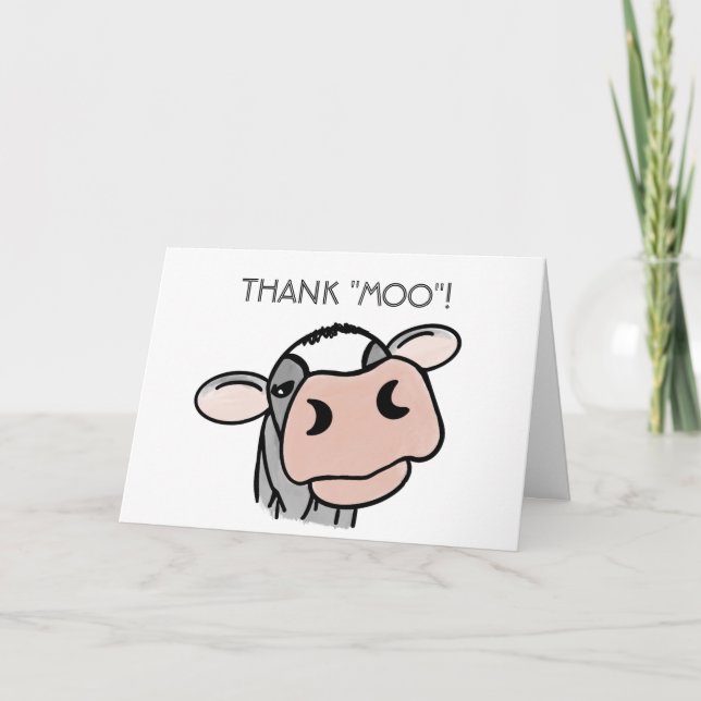 cartoon cow black white pink kiss gray farm animal thank you card (Front)
