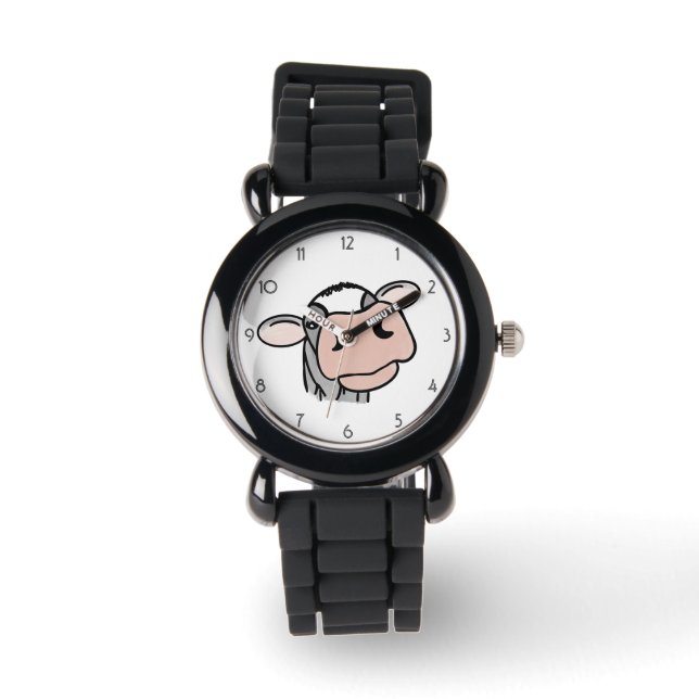cartoon cow black white pink kiss gray farm animal watch (Front)