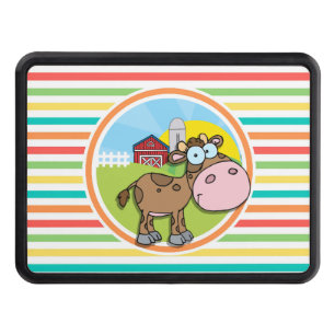Cartoon Cow; Bright Rainbow Stripes Hitch Cover