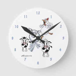 Cartoon cow, bull, sheep and chicken on a clock