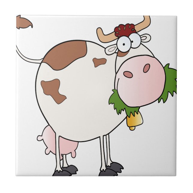 Cartoon cow eating grass ceramic tile (Front)