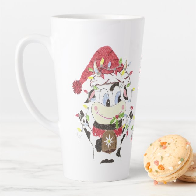 Cartoon Cow Hanging Christmas Lights Holiday Latte Mug (In Situ)