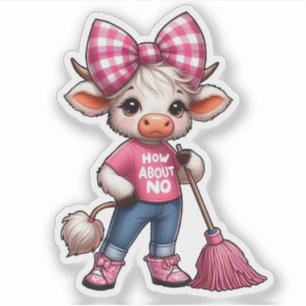 Cartoon Cow in Pink Outfit with Gingham Bow Sticker