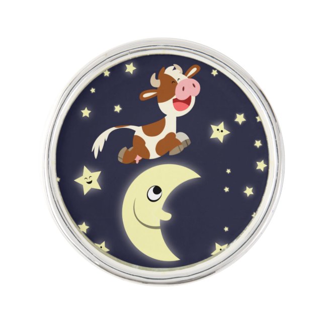 Cartoon Cow Jumped Over The Moon Lapel Pin (Front)