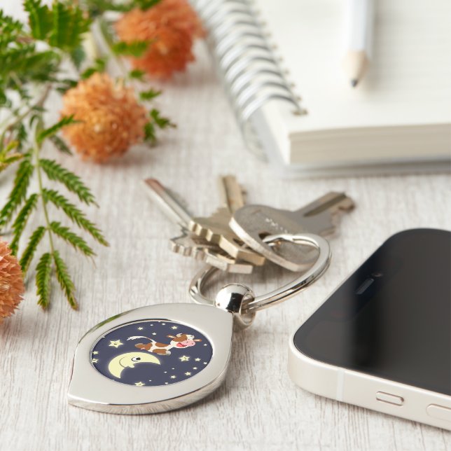Cartoon Cow Jumped Over The Moon Metal Keychain (Side)