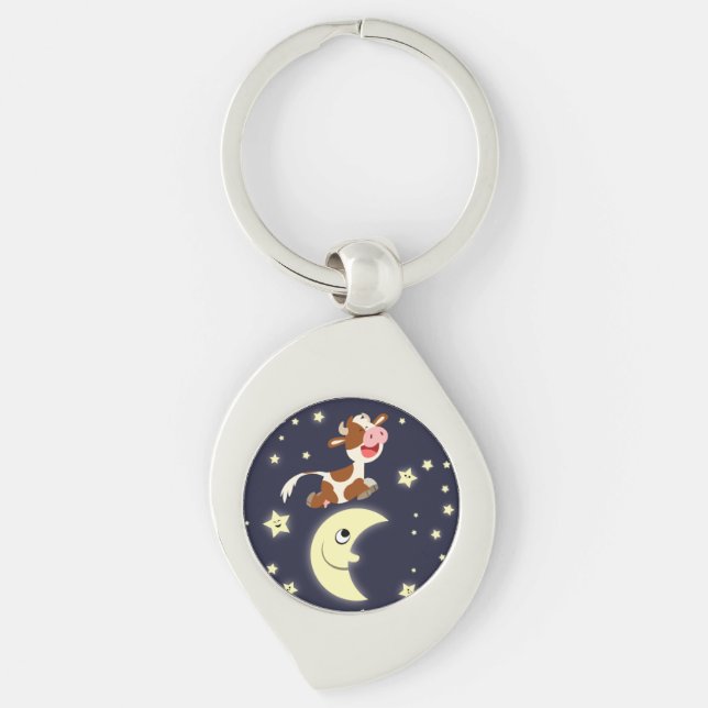 Cartoon Cow Jumped Over The Moon Metal Keychain (Front)