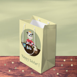 Cartoon cow painting eggs yellow Easter gift bag