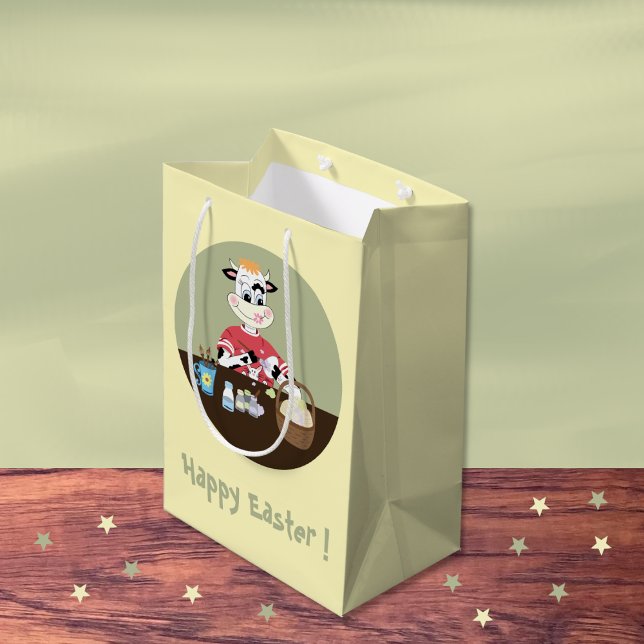 Cartoon cow painting eggs yellow Easter gift bag (Easter gift bag)