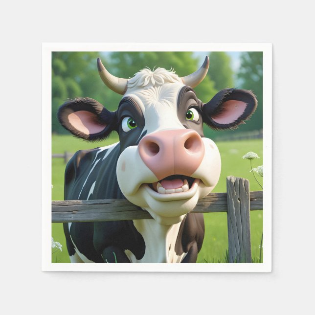 Cartoon Cow Peering Over a Fence Napkins (Front)