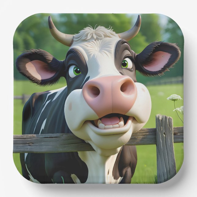 Cartoon Cow Peering Over a Fence Paper Plates (Front)