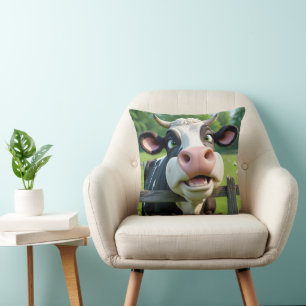 Cartoon Cow Peering Over a Fence Throw Pillow