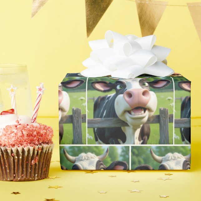 Cartoon Cow Peering Over A Fence Wrapping Paper (Birthday Party)