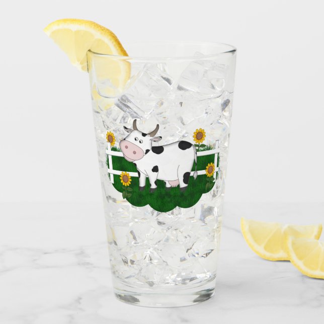 Cartoon Cow Scene 16 oz Beverage Glass (Front Ice)