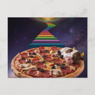 Cartoon Cow Sleeping on a Pizza Postcard