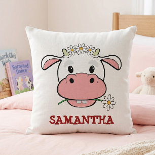 Cartoon Cow with Custom Name - Farm Animal Nursery Throw Pillow