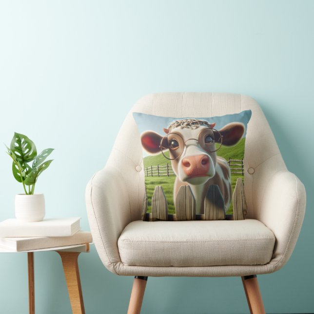 Cartoon Cow With Eyeglasses Throw Pillow (Chair)