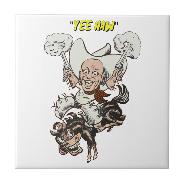 Cartoon cowboy shooting pistols riding horse art   ceramic tile (Front)