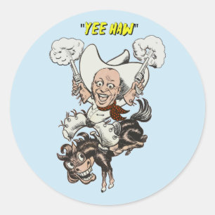 Cartoon cowboy shooting pistols riding horse art classic round sticker