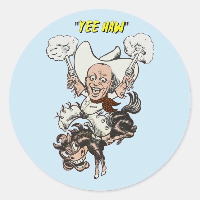 Cartoon cowboy shooting pistols riding horse art classic round sticker (Front)