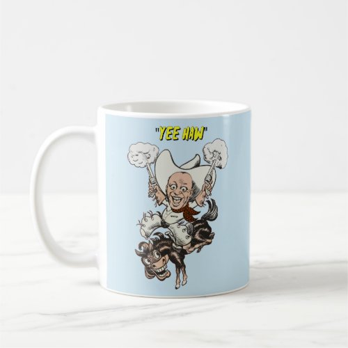 Cartoon cowboy shooting pistols riding horse art  coffee mug