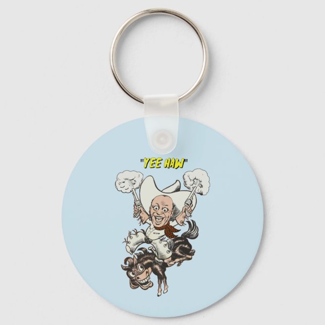 Cartoon cowboy shooting pistols riding horse art   keychain (Front)