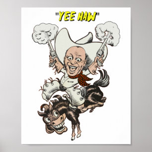 Cartoon cowboy shooting pistols riding horse art poster