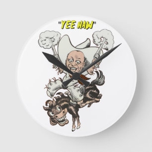 Cartoon cowboy shooting pistols riding horse art round clock