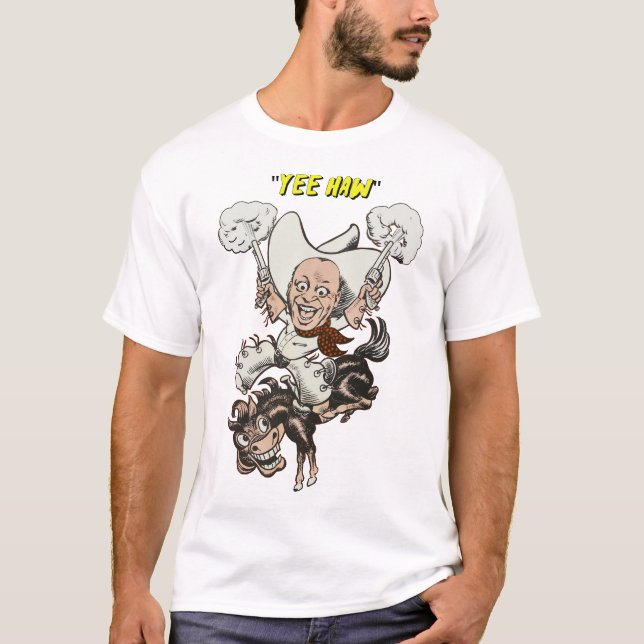 Cartoon cowboy shooting pistols riding horse art   T-Shirt (Front)
