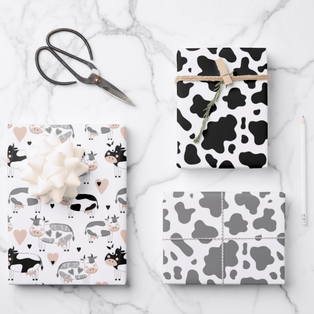 Cartoon Cows and Cow Print Wrapping Paper Sheets (Front)
