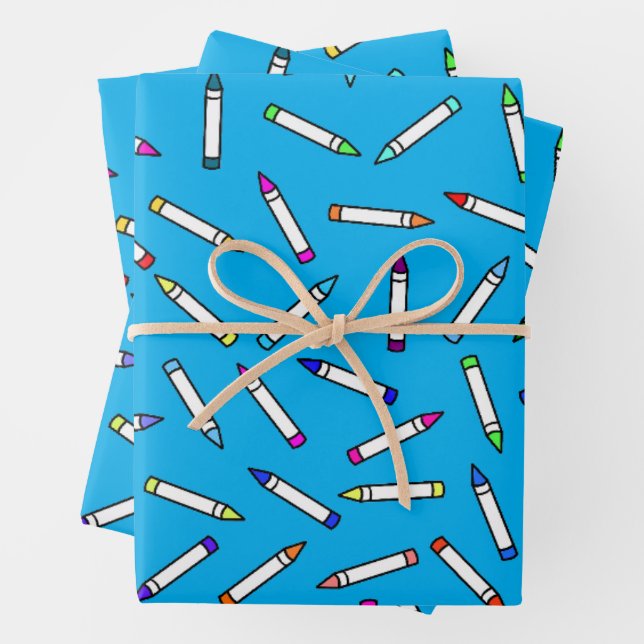Cartoon Crayon Pattern Light Blue Wrapping Paper Sheets (In situ)